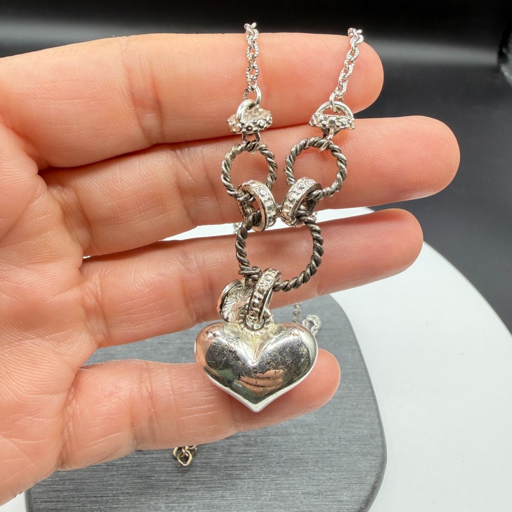 Silver Tone Heart Charm Necklace Rhinestone Rope Ring Pendant Statement Jewelry